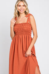 Rust Textured Smocked Shoulder Tie Maxi Dress