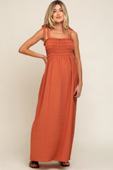 Rust Textured Smocked Shoulder Tie Maternity Maxi Dress