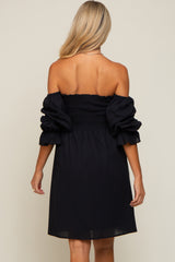 Black Smocked Off Shoulder Long Sleeve Maternity Dress