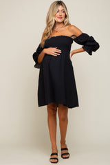 Black Smocked Off Shoulder Long Sleeve Maternity Dress