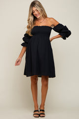 Black Smocked Off Shoulder Long Sleeve Maternity Dress