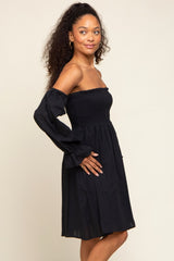 Black Smocked Off Shoulder Long Sleeve Dress