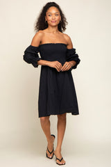 Black Smocked Off Shoulder Long Sleeve Dress