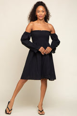 Black Smocked Off Shoulder Long Sleeve Dress