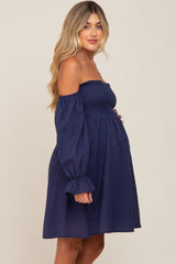 Navy Blue Smocked Off Shoulder Long Sleeve Maternity Dress