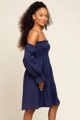 Navy Blue Smocked Off Shoulder Long Sleeve Dress