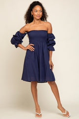 Navy Blue Smocked Off Shoulder Long Sleeve Dress