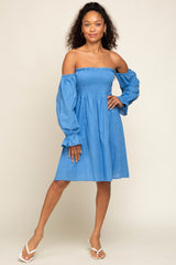 Blue Smocked Off Shoulder Long Sleeve Dress