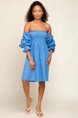 Blue Smocked Off Shoulder Long Sleeve Dress