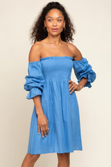 Blue Smocked Off Shoulder Long Sleeve Dress