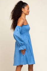 Blue Smocked Off Shoulder Long Sleeve Dress