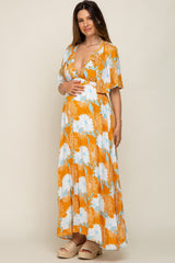 Orange Floral Deep V-Neck Maternity Maxi Dress