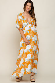 Orange Floral Deep V-Neck Maternity Maxi Dress