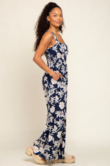 Navy Floral Sweetheart Neck Jumpsuit