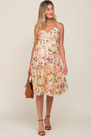 Peach Floral Button Tiered Maternity Midi Dress