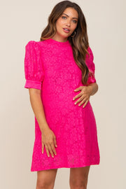 Fuchsia Lace Short Sleeve Satin Tie Maternity Dress