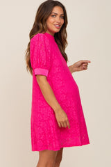 Fuchsia Lace Short Sleeve Satin Tie Maternity Dress