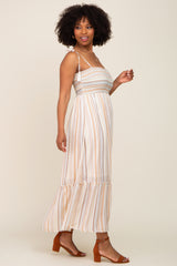 Ivory Striped Smocked Shoulder Tie Maxi Dress