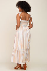 Ivory Striped Smocked Shoulder Tie Maxi Dress