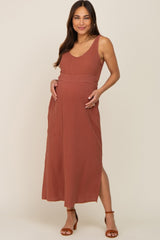 Brown Lightweight Sleeveless Open Back Maternity Maxi Dress