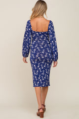 Navy Blue Floral Front Cutout Maternity Midi Dress