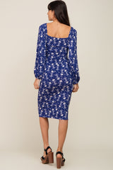 Navy Blue Floral Front Cutout Midi Dress