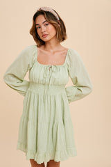 Mint Smocked Waist Long Sleeve Peasant Dress