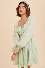 Mint Smocked Waist Long Sleeve Peasant Dress