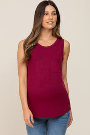 Burgundy Sleeveless Ribbed Pocked Maternity Top