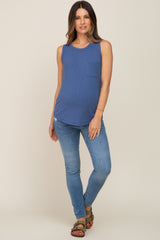 Blue Sleeveless Ribbed Pocked Maternity Top