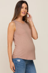 Mocha Sleeveless Ribbed Pocked Maternity Top