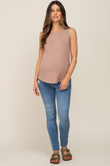 Mocha Sleeveless Ribbed Pocked Maternity Top