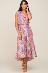 Pink Floral Paisley Ruffle Side Cutout Maternity Midi Dress