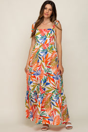 Orange Multi-Color Palm Print Shoulder Tie Maternity Maxi Dress