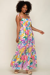 Pink Multi-Color Palm Print Shoulder Tie Maxi Dress