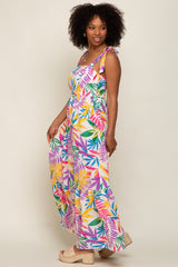 Pink Multi-Color Palm Print Shoulder Tie Maxi Dress