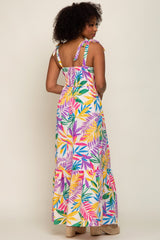 Pink Multi-Color Palm Print Shoulder Tie Maxi Dress