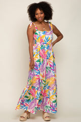 Pink Multi-Color Palm Print Shoulder Tie Maternity Maxi Dress