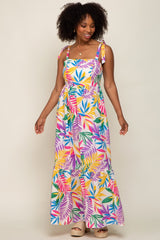 Pink Multi-Color Palm Print Shoulder Tie Maxi Dress