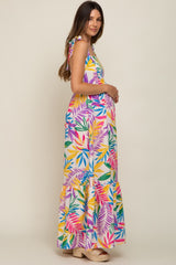 Pink Multi-Color Palm Print Shoulder Tie Maternity Maxi Dress