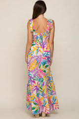 Pink Multi-Color Palm Print Shoulder Tie Maternity Maxi Dress