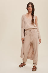 Beige Jumpsuit And Long Cardigan Knit Set