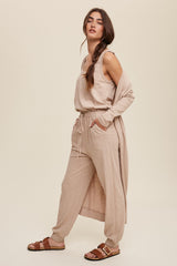 Beige Jumpsuit And Long Cardigan Knit Set