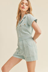 Sky Blue Washed Denim Utility Romper