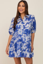 Royal Blue Floral Collared Puff Sleeve Maternity Dress