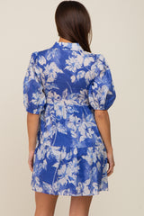 Royal Blue Floral Collared Puff Sleeve Maternity Dress