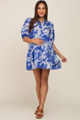 Royal Blue Floral Collared Puff Sleeve Maternity Dress