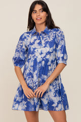 Royal Blue Floral Collared Puff Sleeve Maternity Dress