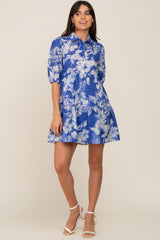 Royal Blue Floral Collared Puff Sleeve Dress