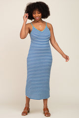 Blue Striped Crochet Knit Maternity Midi Dress